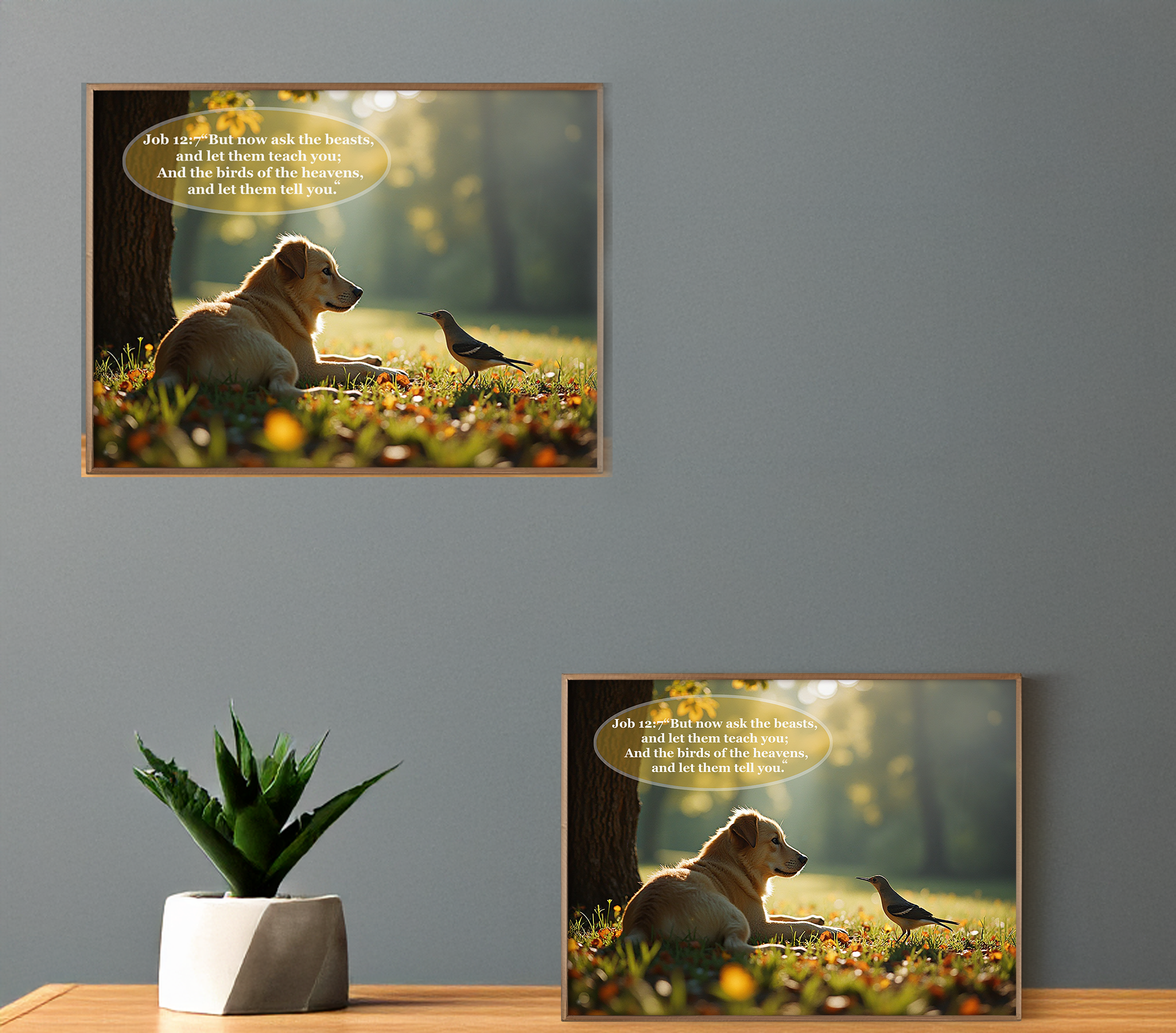 Dog and Bird Printable Wall Art Digital Download, Romantic Portrait, Vintage Style Home Decor, Christian Gift, Artistic Living Room