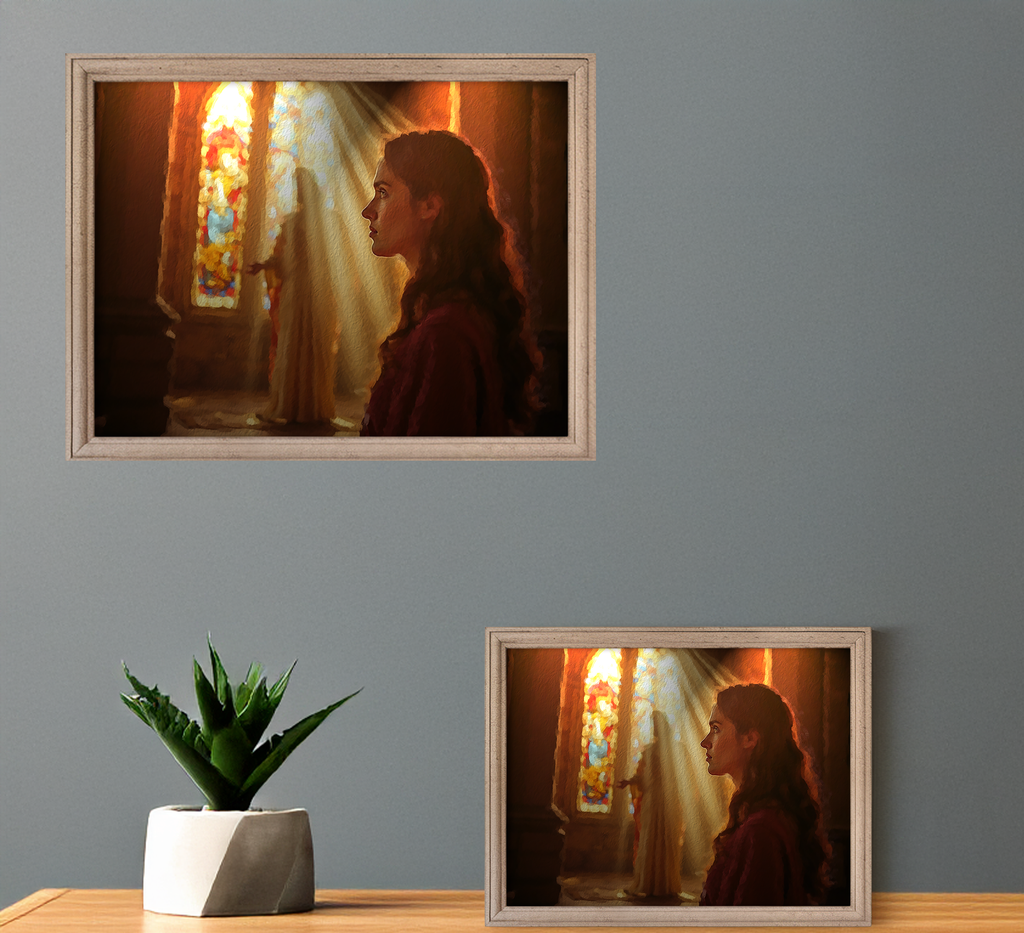 Woman in Church with Stained Glass Windows, Vibrant Art Print, Modern Home Decor, Instant Download Art, Colorful Religious Scene