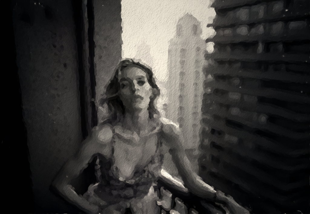 Woman on Balcony   Art Print, Stylish Wall Decor, Modern Home Decoration, Cozy Urban Scene, Gift for Her, Charming Atmosphere Painting
