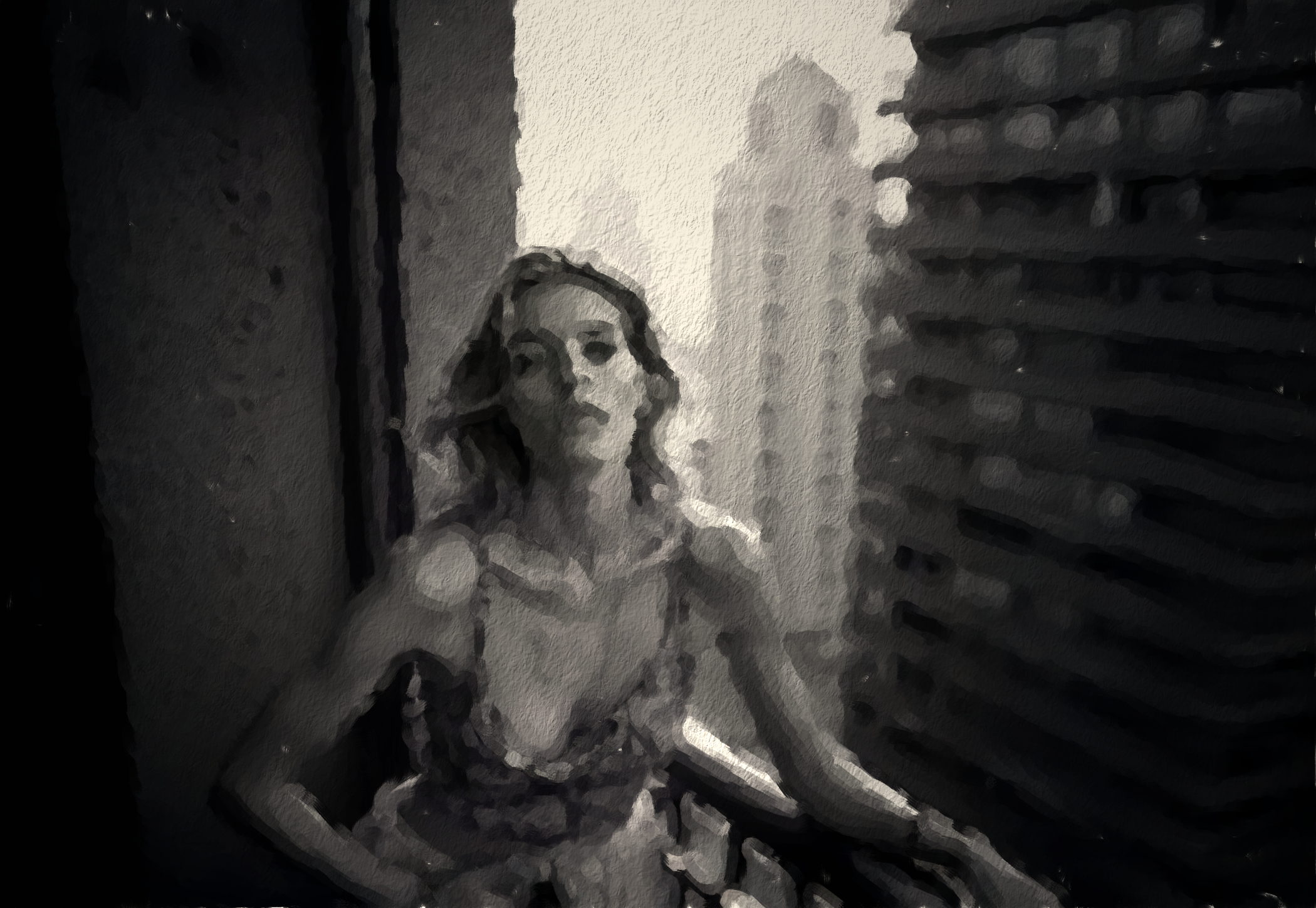 Woman on Balcony   Art Print, Stylish Wall Decor, Modern Home Decoration, Cozy Urban Scene, Gift for Her, Charming Atmosphere Painting