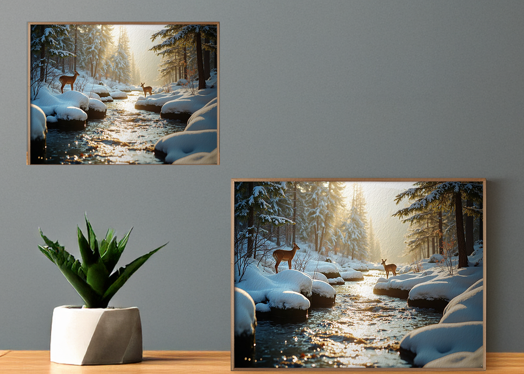 Deer in Winter Forest Print: Snowy Landscape Digital Art (Digital Download)
