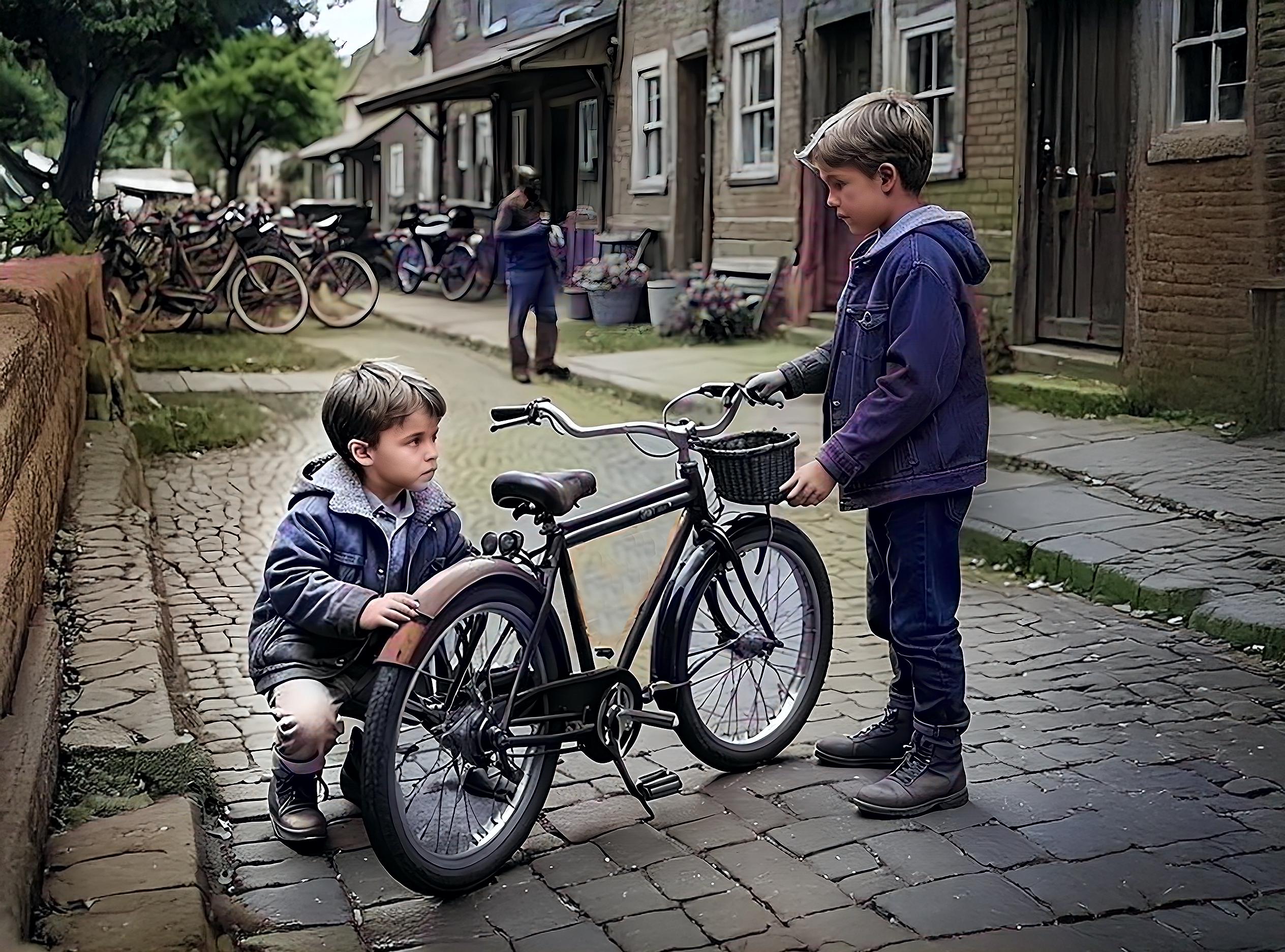 Boys with Bike Wall Art Print – Kids Room Decor, Adventure Illustration,