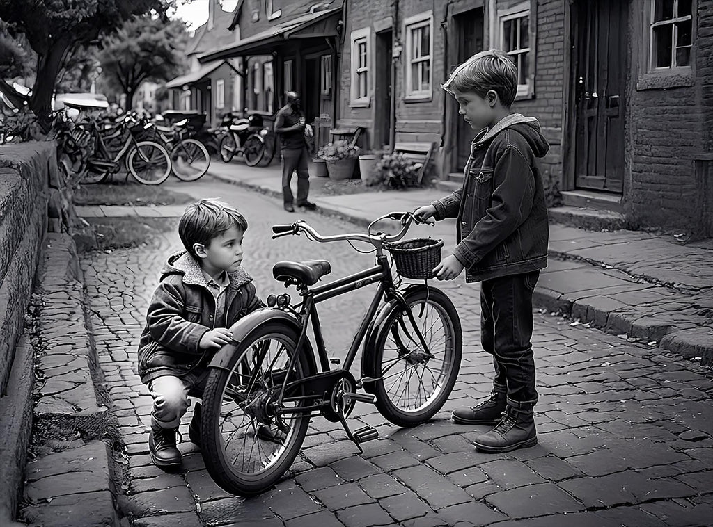 Boys with Bike Wall Art Print – Kids Room Decor, Adventure Illustration,