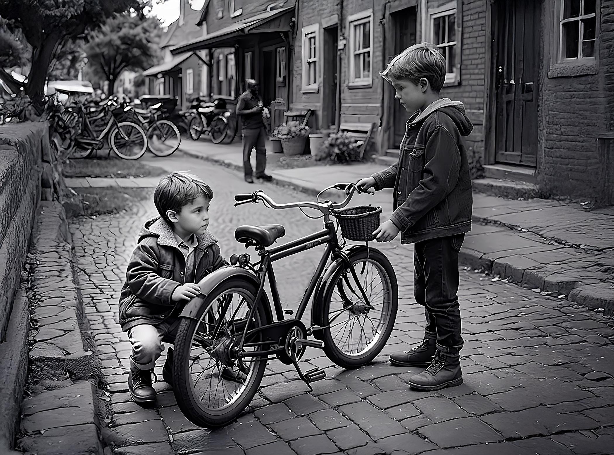 Boys with Bike Wall Art Print – Kids Room Decor, Adventure Illustration,
