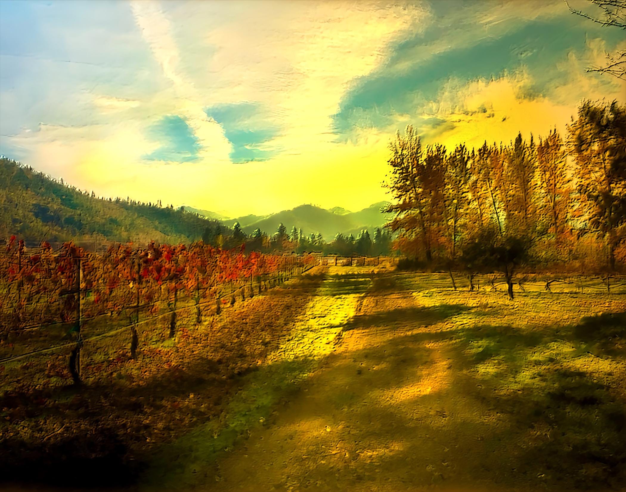Vineyard Wall Art Print, Rustic Wine Country Decor, Vintage Vineyard Landscape Painting, Kitchen or Dining Room Decoration, Wine Lover Gift