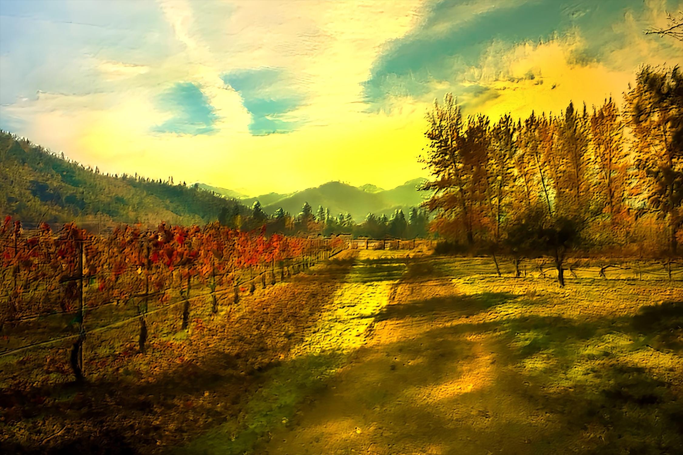 Vintage-style vineyard landscape wall art print — rustic wine country decor perfect for kitchen, dining room, or wine lover’s gift.