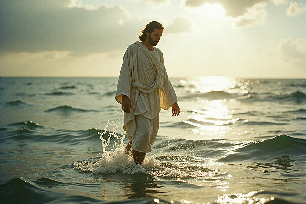 Jesus walking on water at sunrise — inspirational Christian wall art digital download, faith-based decor for home, church, or prayer space.