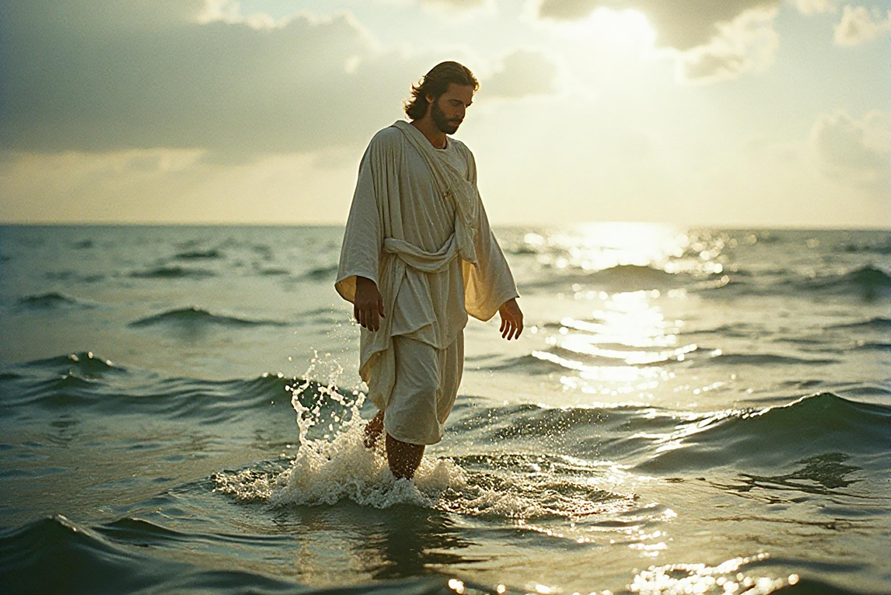 Jesus walking on water at sunrise — inspirational Christian wall art digital download, faith-based decor for home, church, or prayer space.