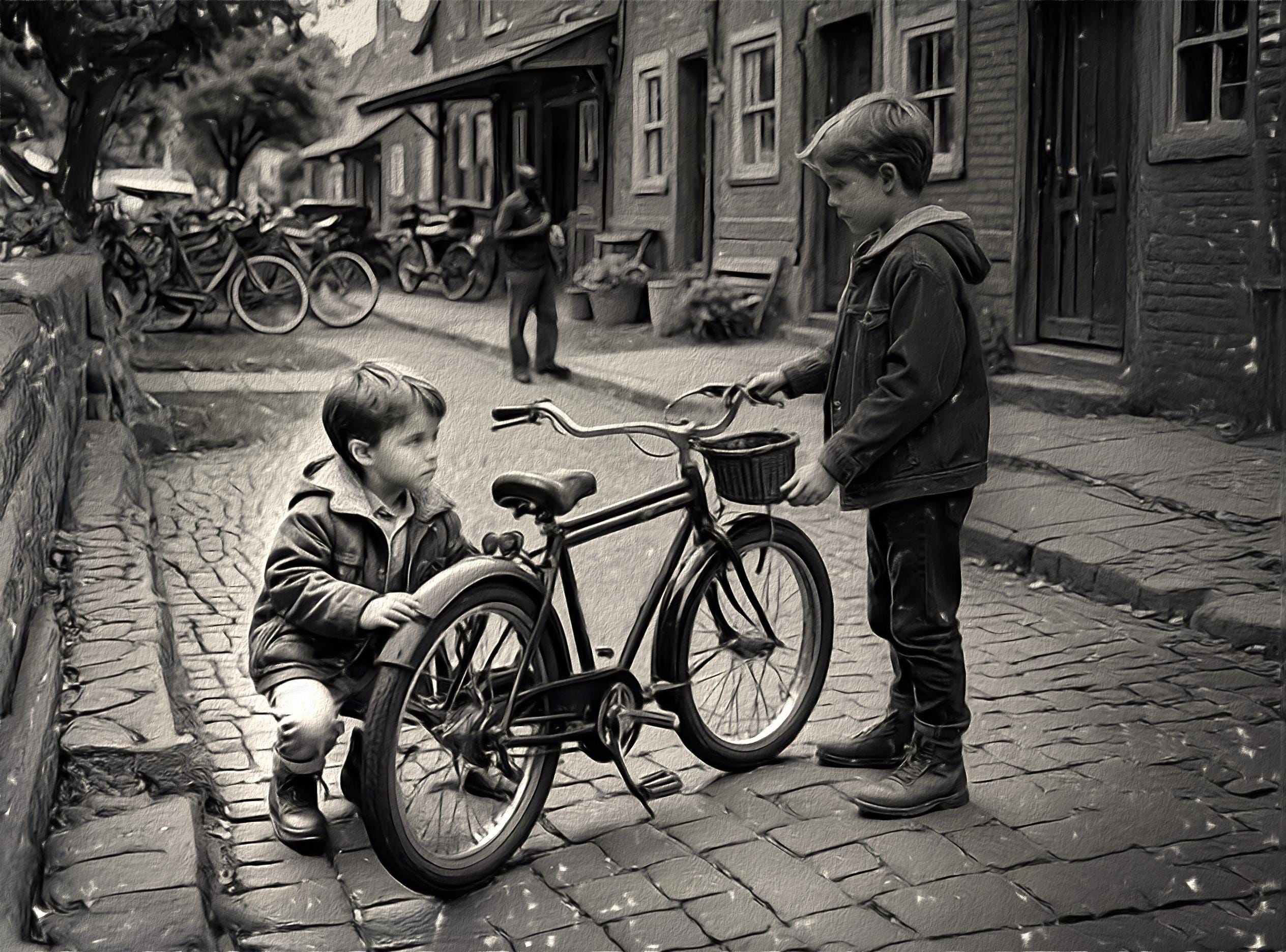 Boys with Bike Wall Art Print – Kids Room Decor, Adventure Illustration,