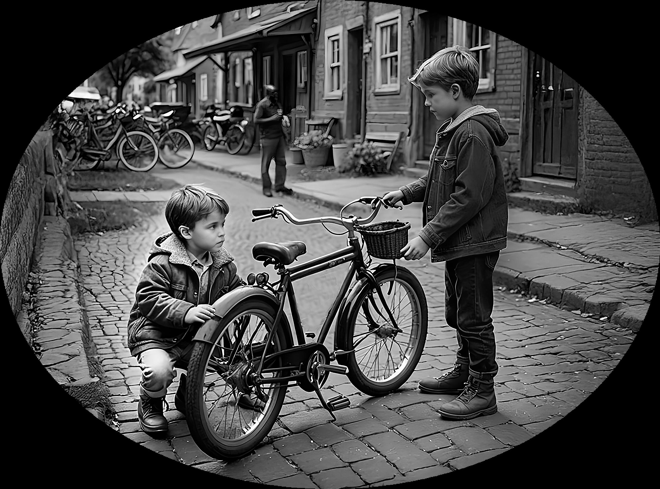 Boys with Bike Wall Art Print – Kids Room Decor, Adventure Illustration,