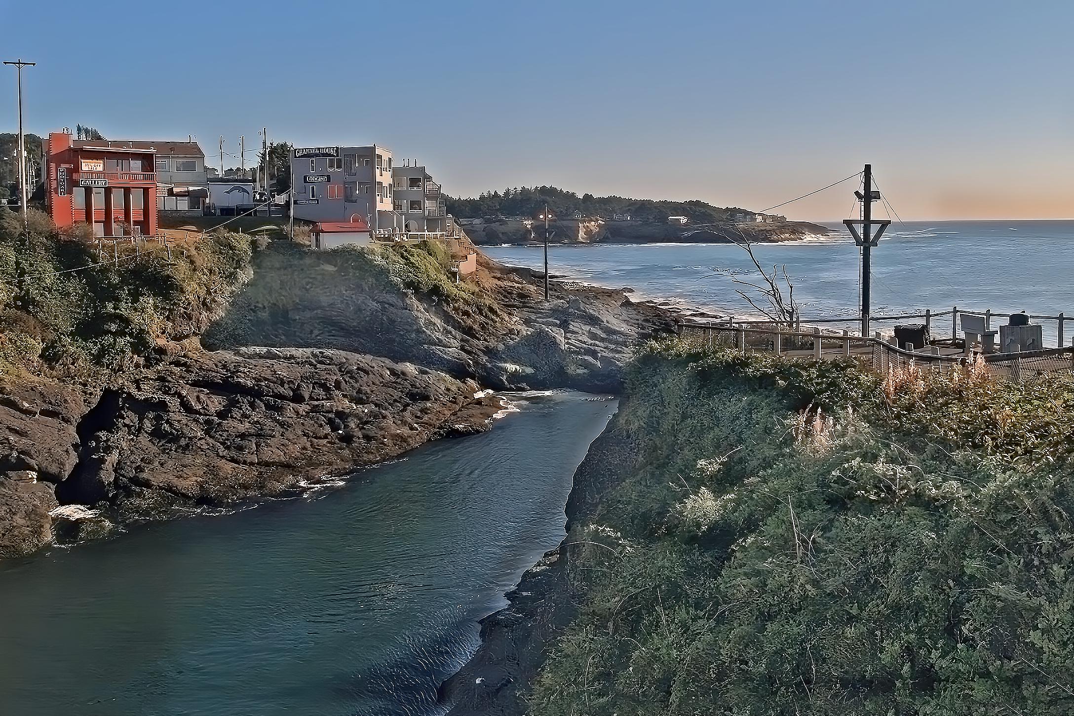 Depot Bay coastal landscape featuring a serene beach, ocean waves, and sunset sky — digital download wall art print for coastal decor, beach house, or nautical-themed living room.