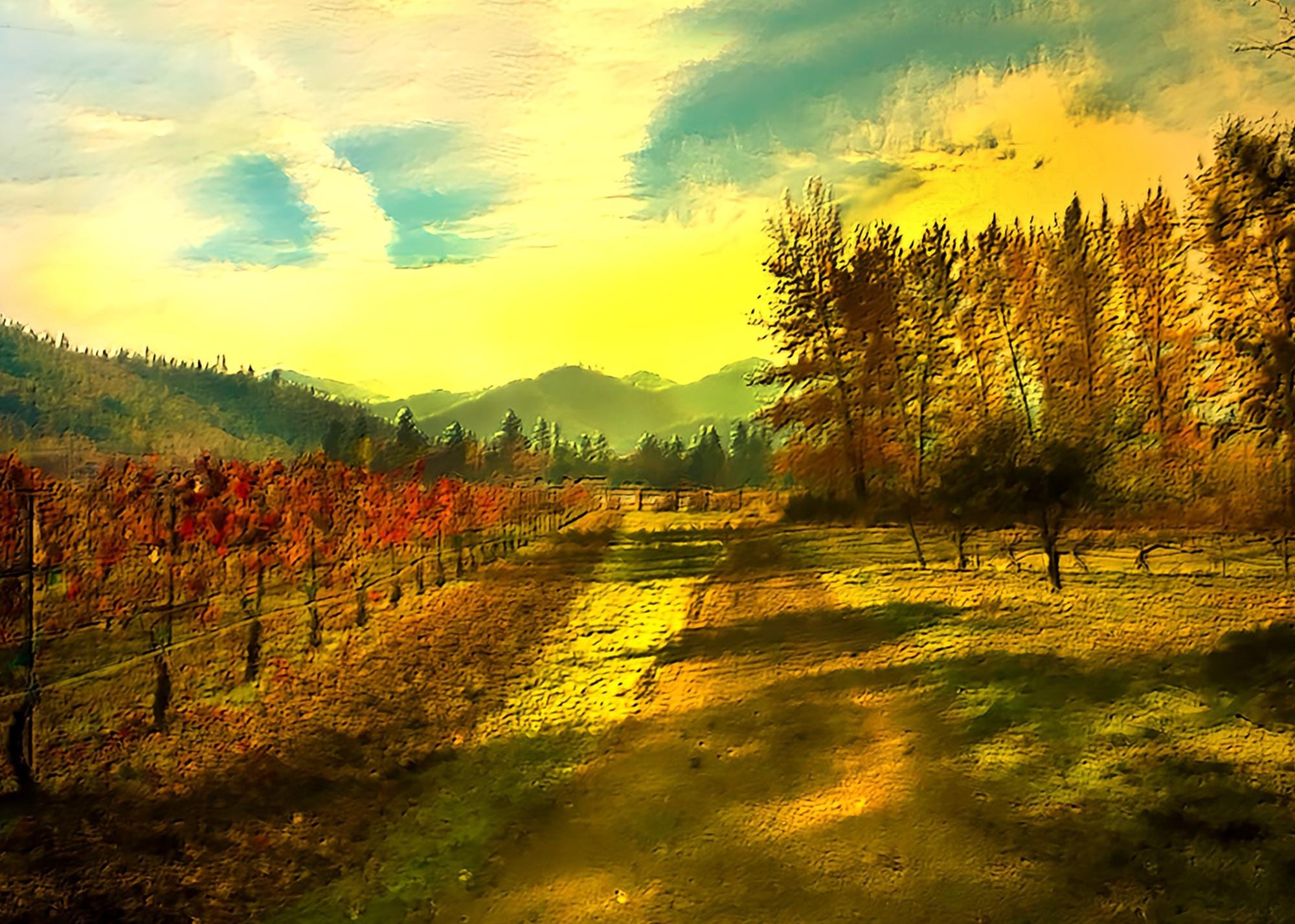 Vineyard Wall Art Print, Rustic Wine Country Decor, Vintage Vineyard Landscape Painting, Kitchen or Dining Room Decoration, Wine Lover Gift