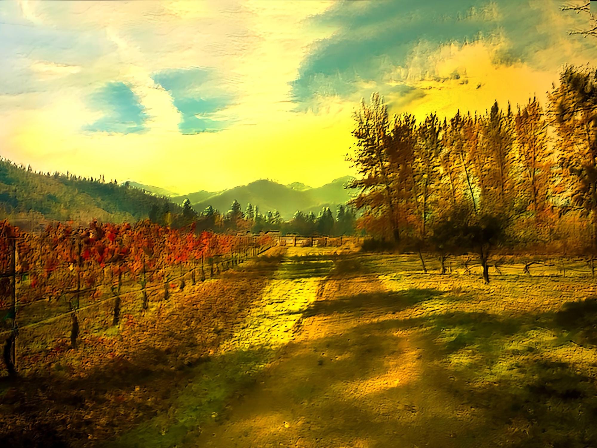 Vineyard Wall Art Print, Rustic Wine Country Decor, Vintage Vineyard Landscape Painting, Kitchen or Dining Room Decoration, Wine Lover Gift