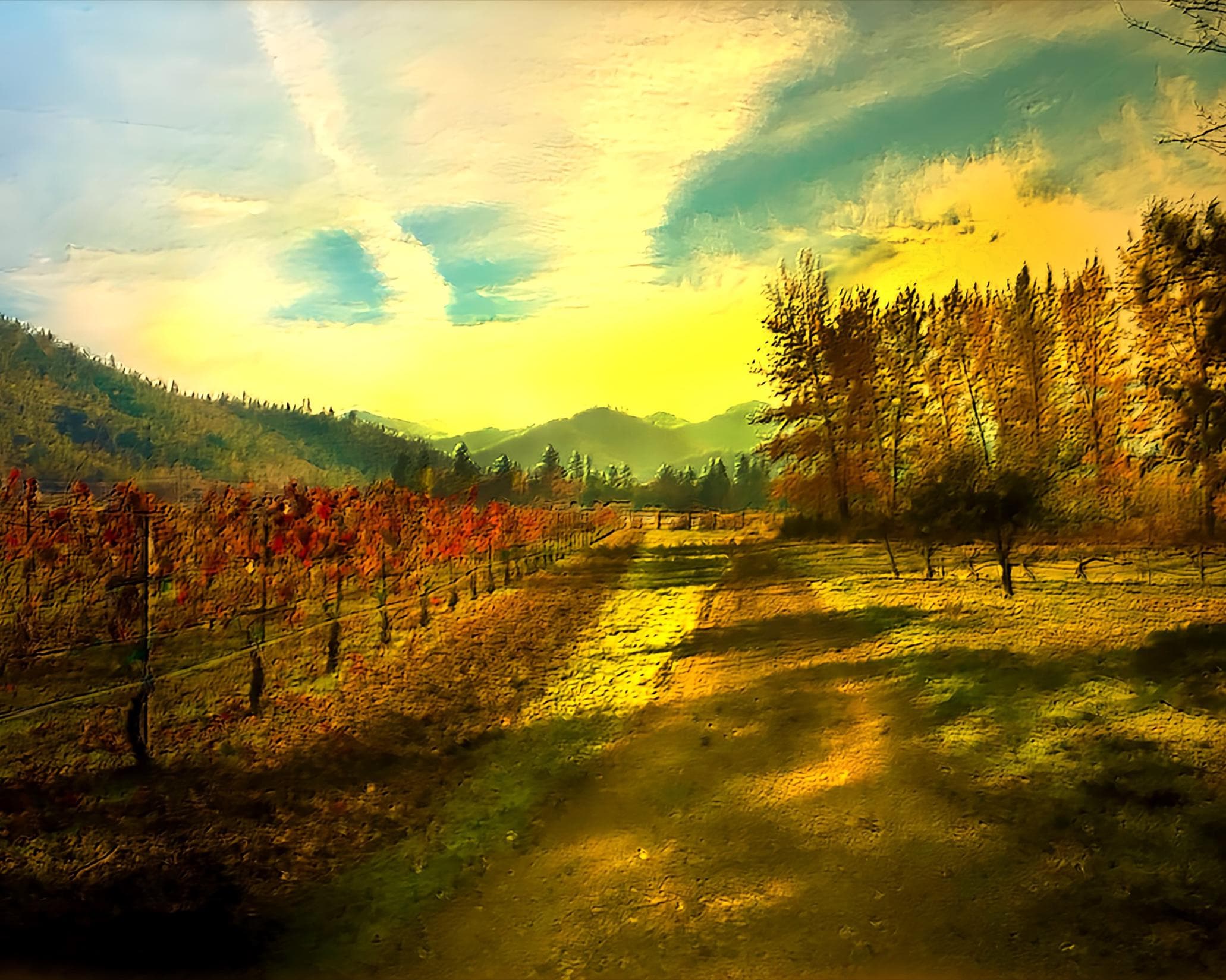 Vineyard Wall Art Print, Rustic Wine Country Decor, Vintage Vineyard Landscape Painting, Kitchen or Dining Room Decoration, Wine Lover Gift