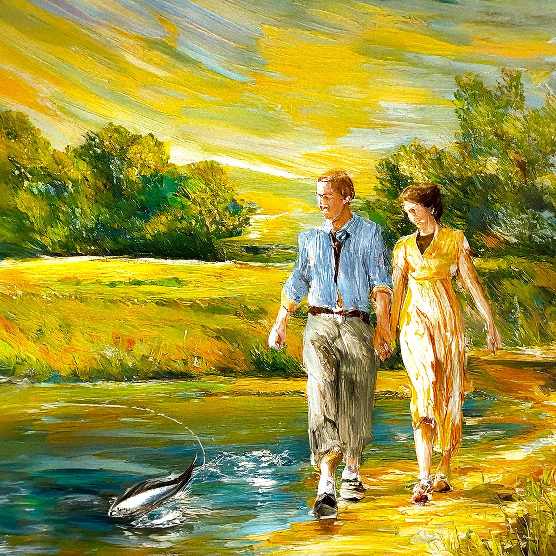 Afternoon Walk Cezanne style Colorful wall art print, digital download of mountain river landscape with couple, vibrant home decor
