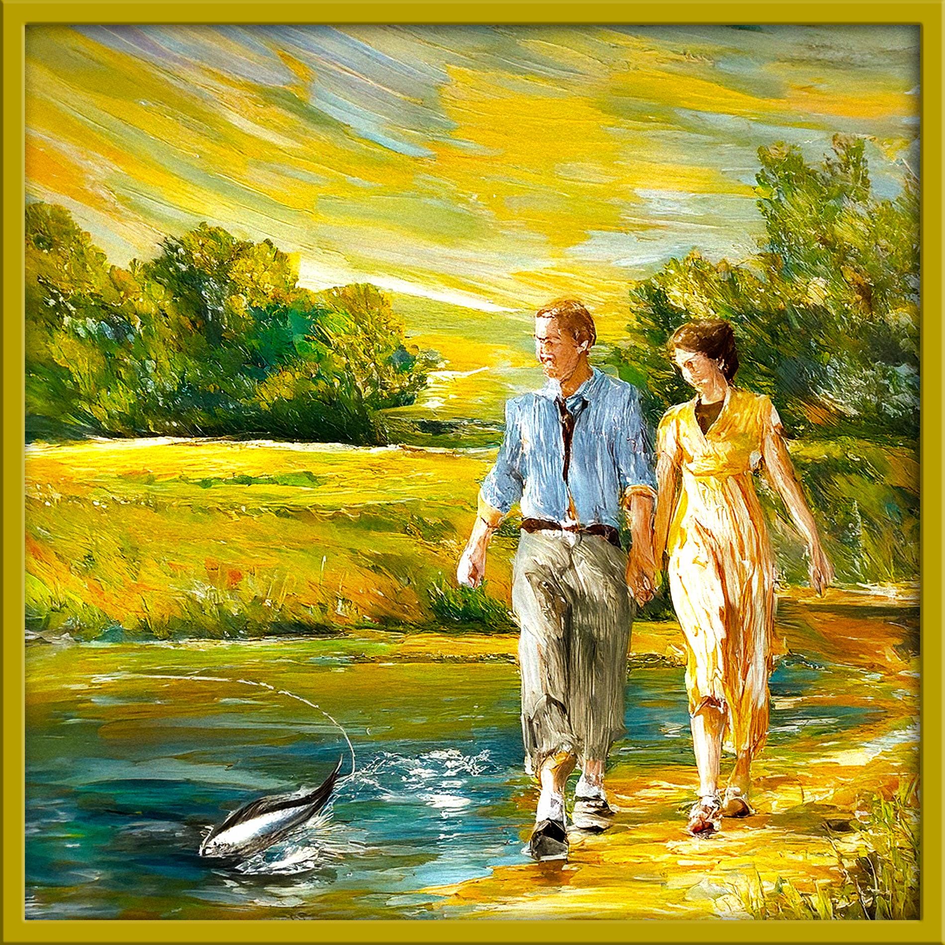 Afternoon Walk Cezanne style Colorful wall art print, digital download of mountain river landscape with couple, vibrant home decor