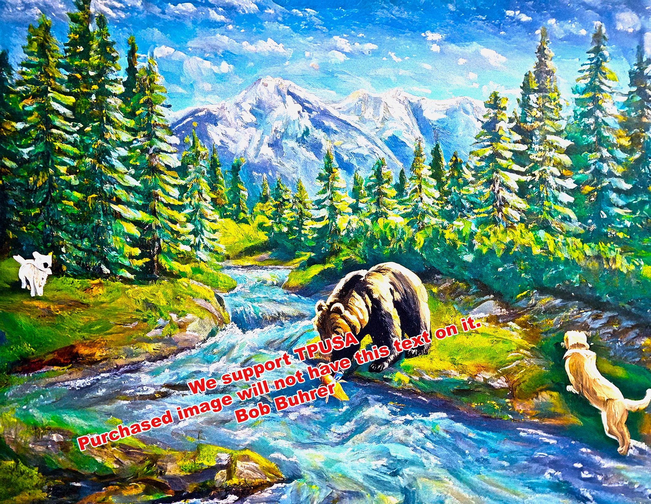 The Bear - Colorful wall art print, digital download of mountain river landscape, vibrant home decor, nature wall art, DIY crafts, living room