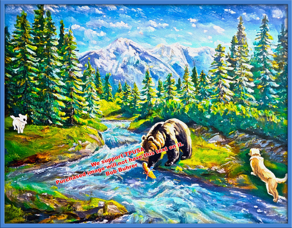 The Bear - Colorful wall art print, digital download of mountain river landscape, vibrant home decor, nature wall art, DIY crafts, living room