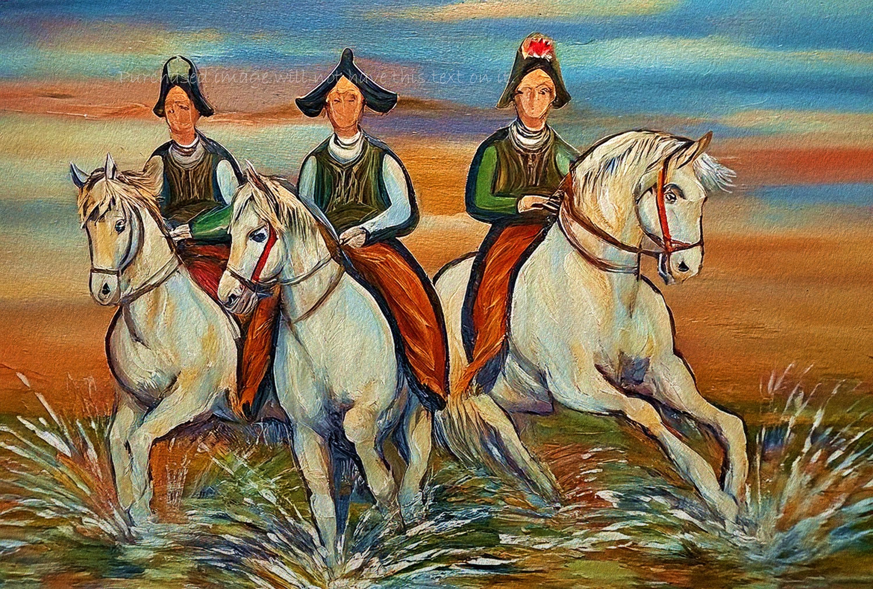 Three Horsemen Art Print: Vibrant Horse Riding Illustration (Digital Download)
