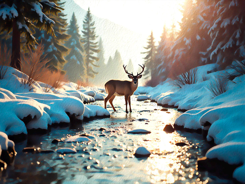Deer in Winter Forest Scene: Nature Wall Art (Digital Download)