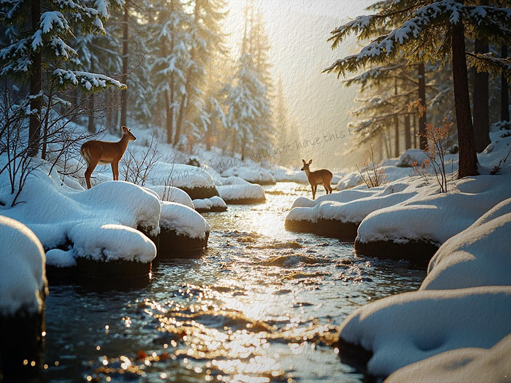 Deer in Winter Forest Print: Snowy Landscape Digital Art (Digital Download)