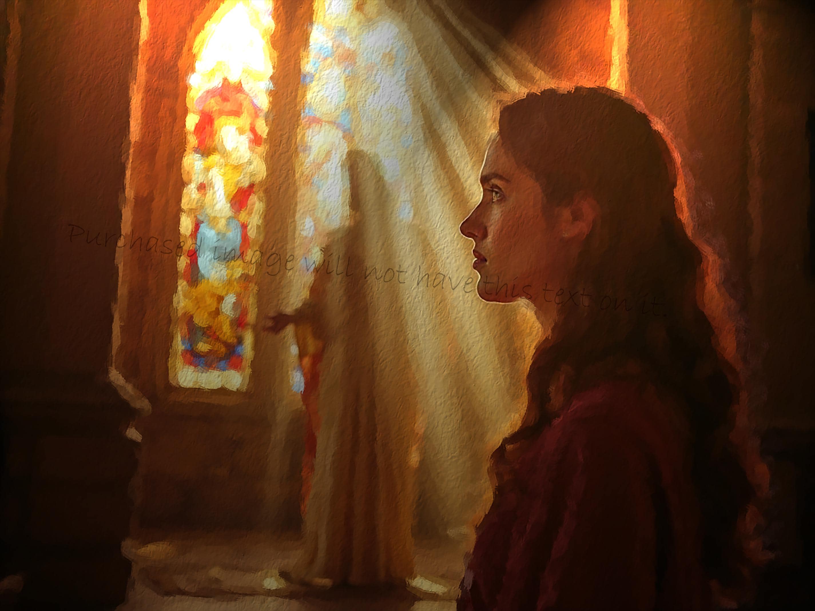 Woman in Church with Stained Glass Windows, Vibrant Art Print, Modern Home Decor, Instant Download Art, Colorful Religious Scene