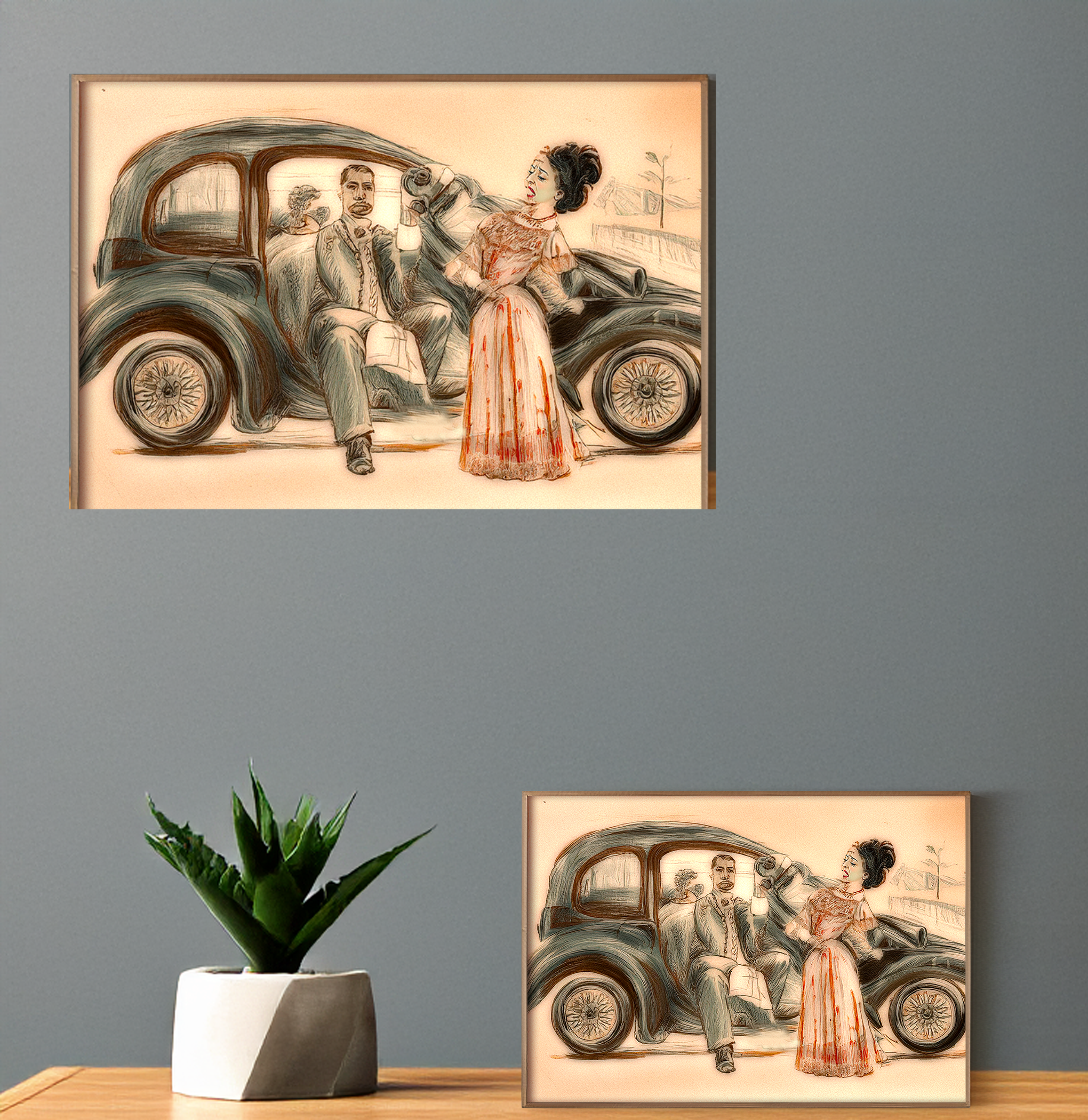 Retro Car Couple Print: Vintage-Inspired Wall Art (Digital Download)